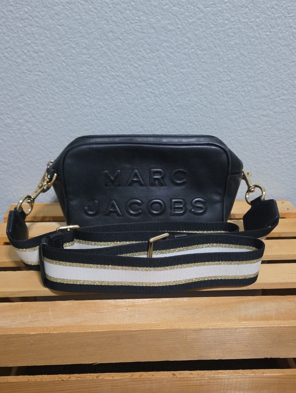 Marc Jacobs Black Embossed Leather Camera Crossbody with Striped Gold-Trim Strap